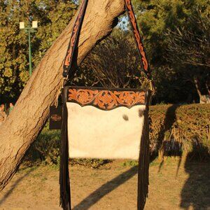 Women Hand-Tooled Hair-On Shoulder Fringe Bag